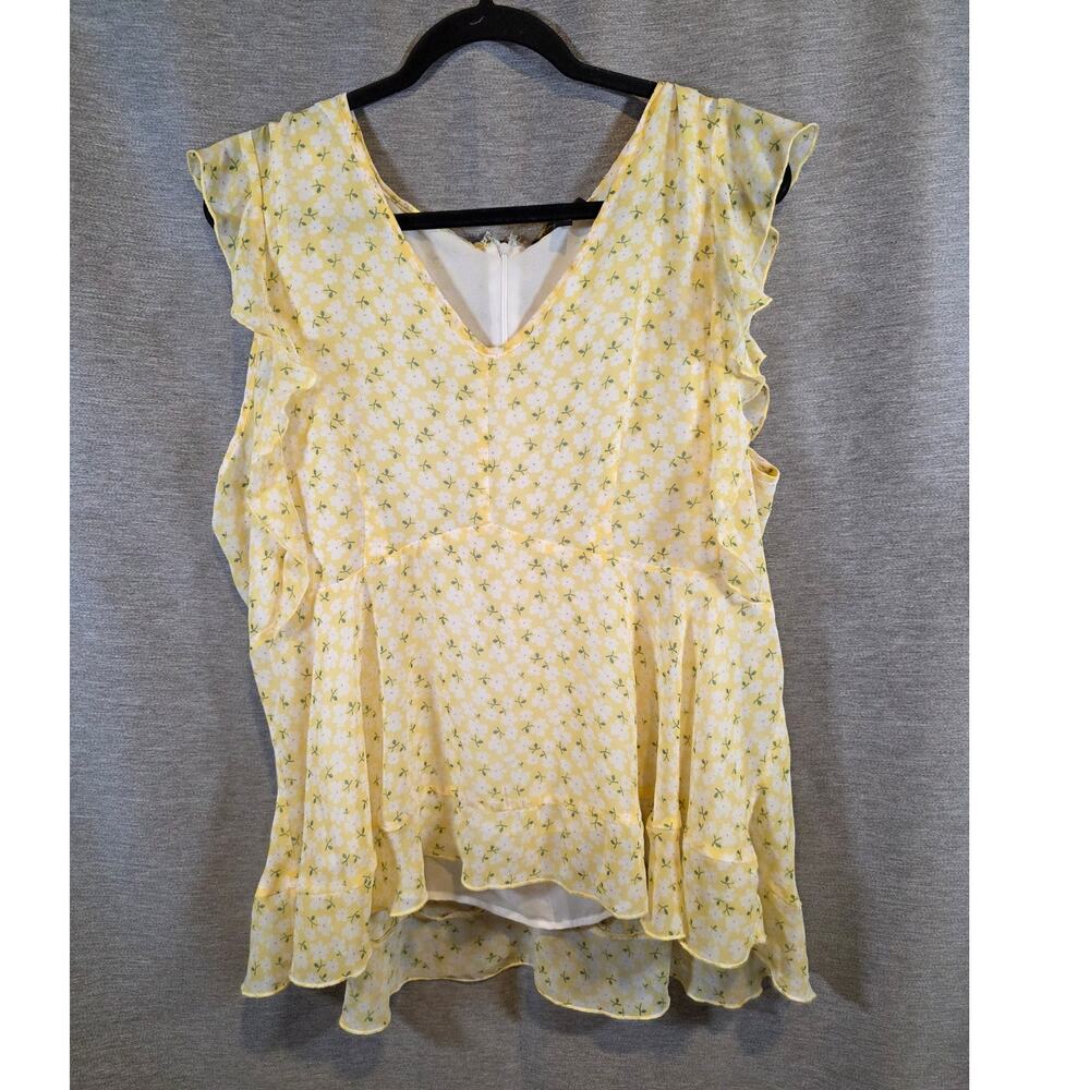 Womens Melissa Paige Ruffle Sleeve Blouse Sz XL Yellow White Floral